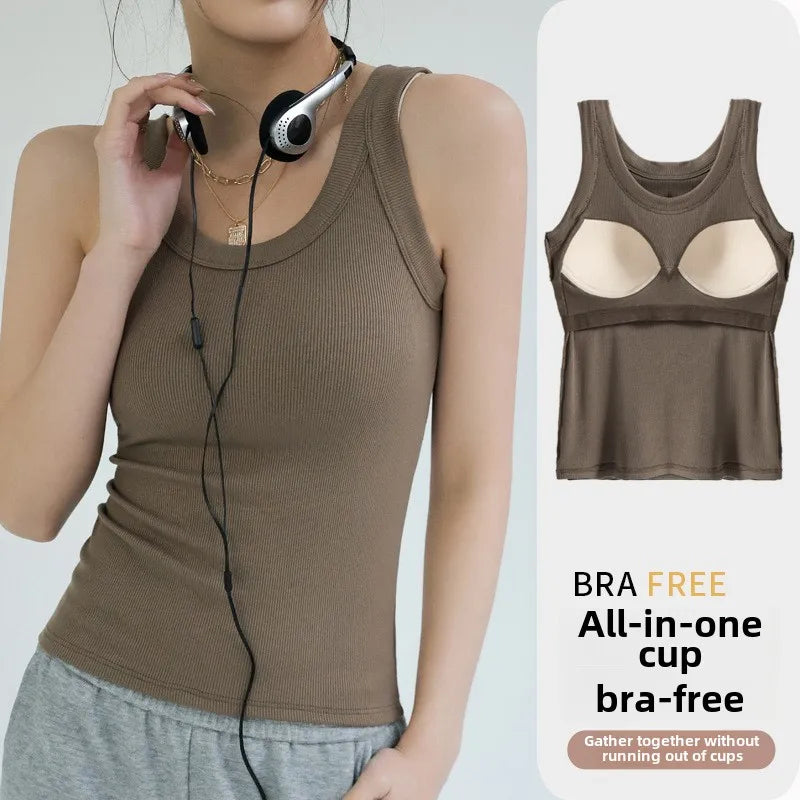 Women's Seamless Modal Ribbed Tank Top Built-in Bra Summer Camisole Wirefree Full Coverage Solid Color Casual Outwear