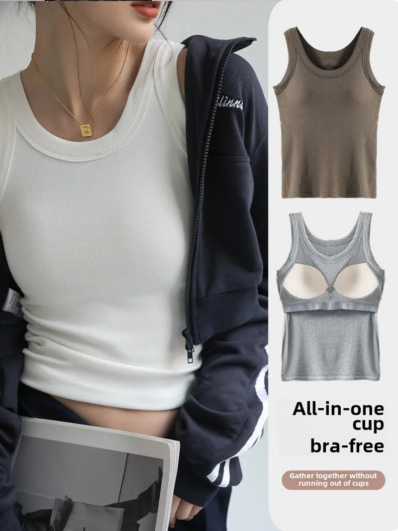 Women's Seamless Modal Ribbed Tank Top Built-in Bra Summer Camisole Wirefree Full Coverage Solid Color Casual Outwear