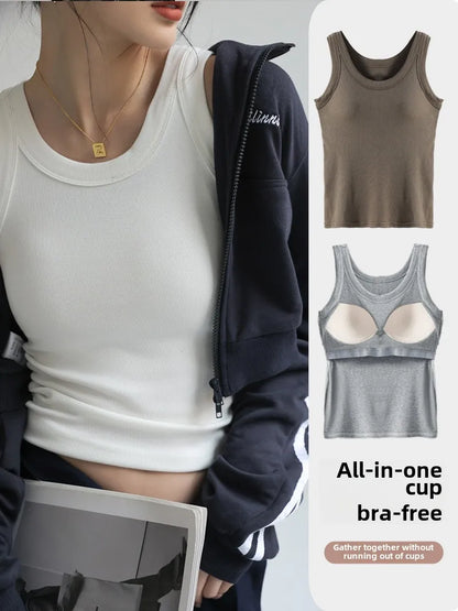 Women's Seamless Modal Ribbed Tank Top Built-in Bra Summer Camisole Wirefree Full Coverage Solid Color Casual Outwear
